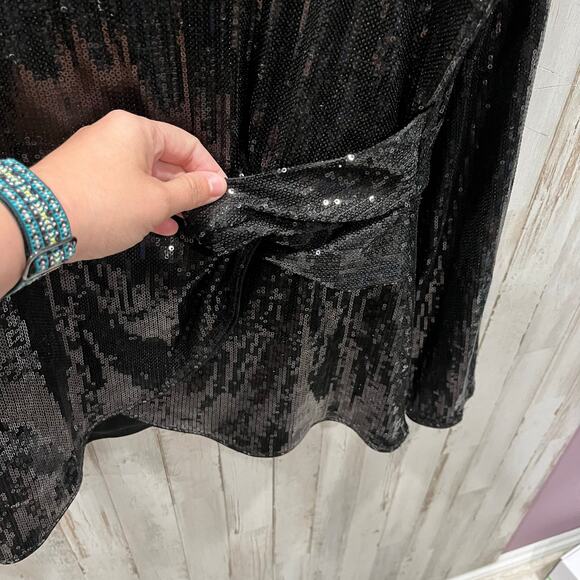 INC Black Sequin 3/4 Sleeve Faux Wrap Top Womens Large New Years Eve Date - Picture 2 of 7